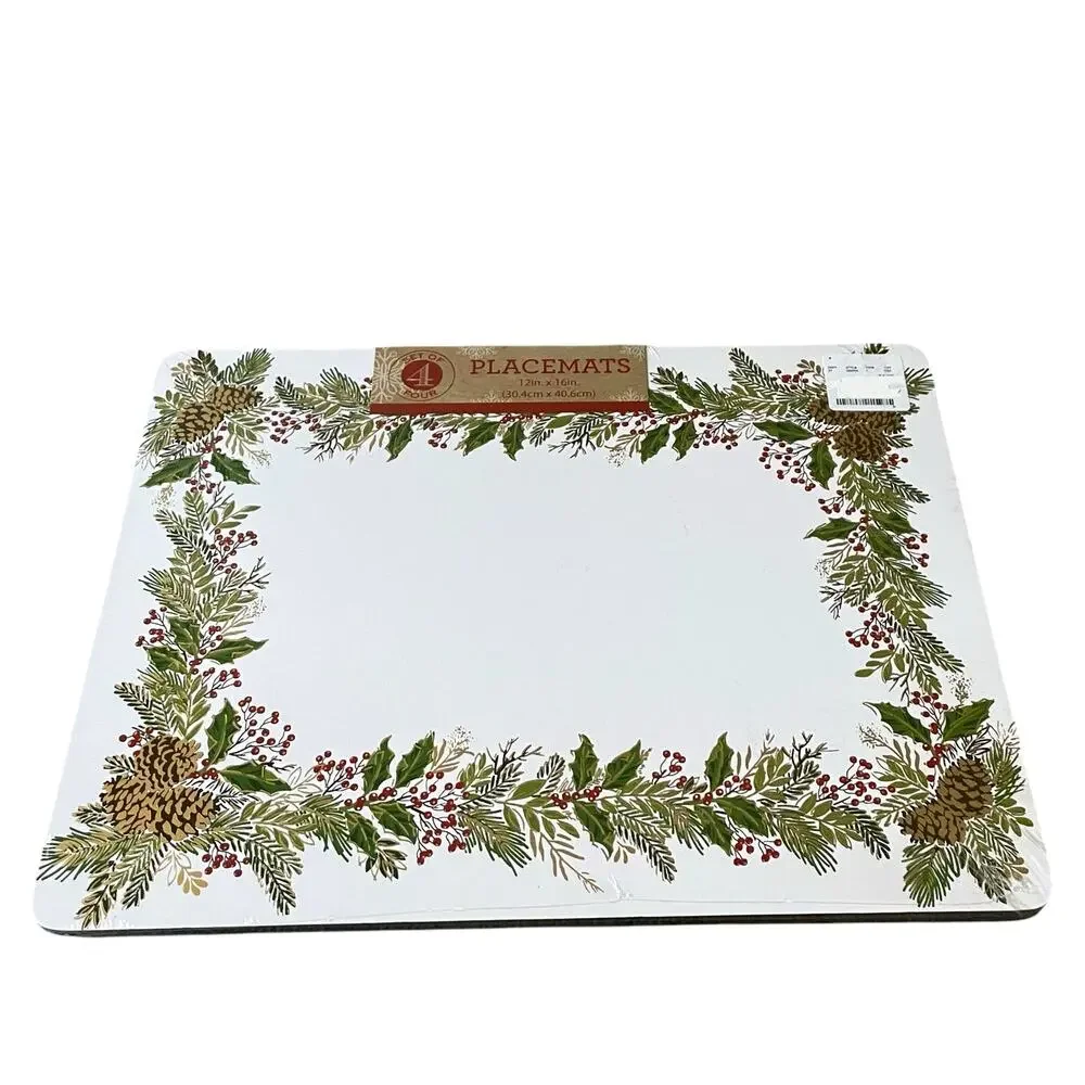 Christmas Cork Backed Hard Placemats Holiday Holly & Pine Garland Set of 4 New